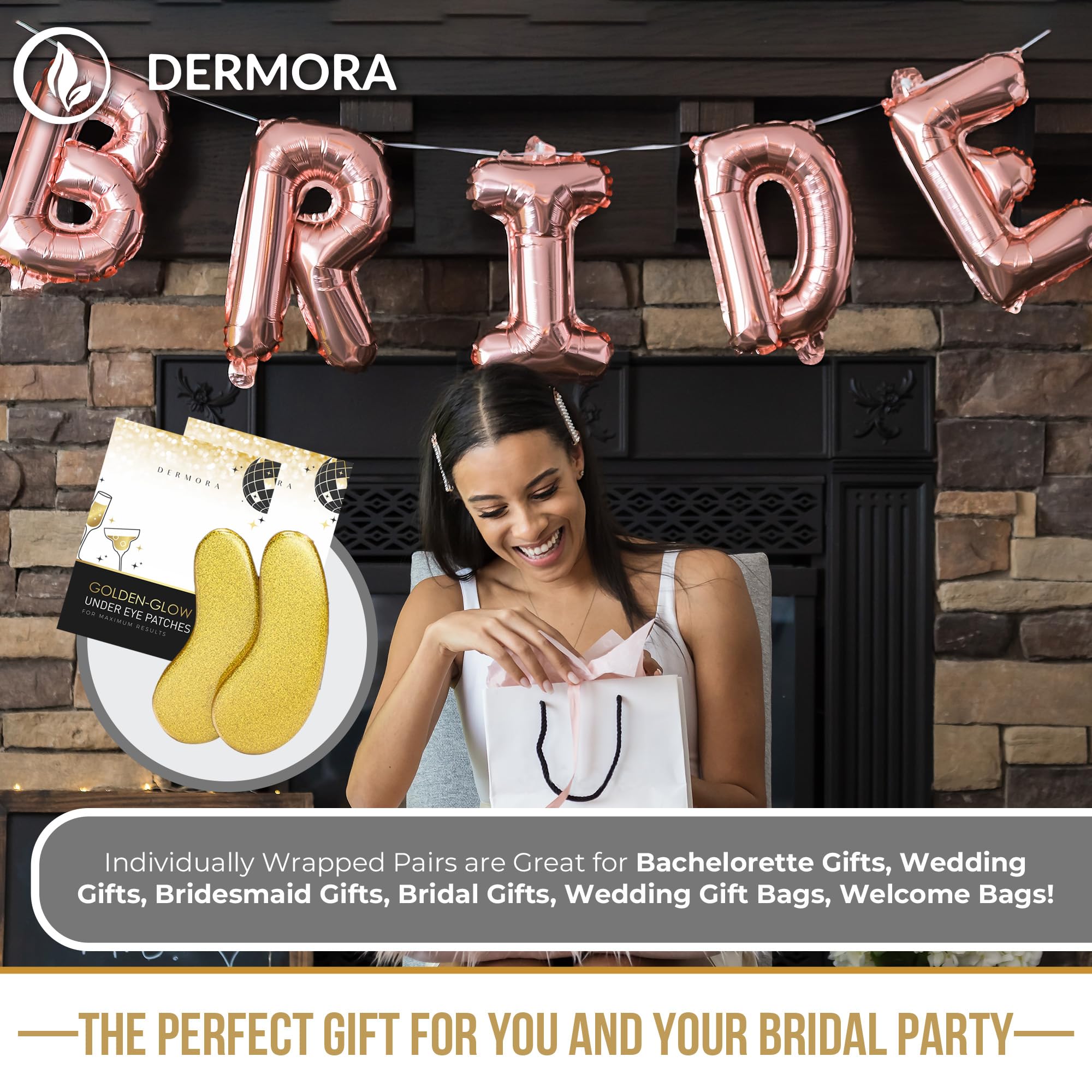 DERMORA Golden Glow eye patch application showing soothing, brightening effect.