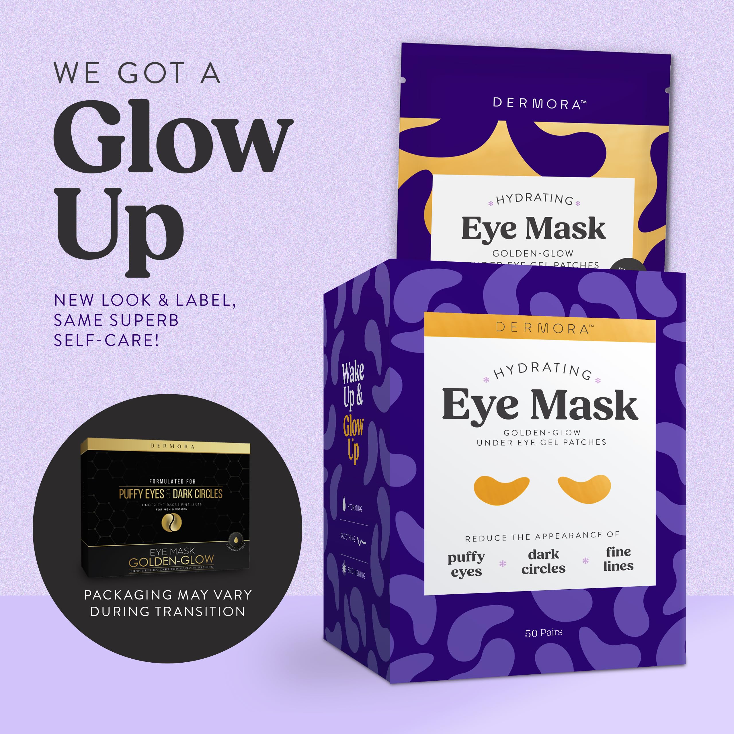 DERMORA Golden Glow eye patches opened pack for travel-friendly routines.