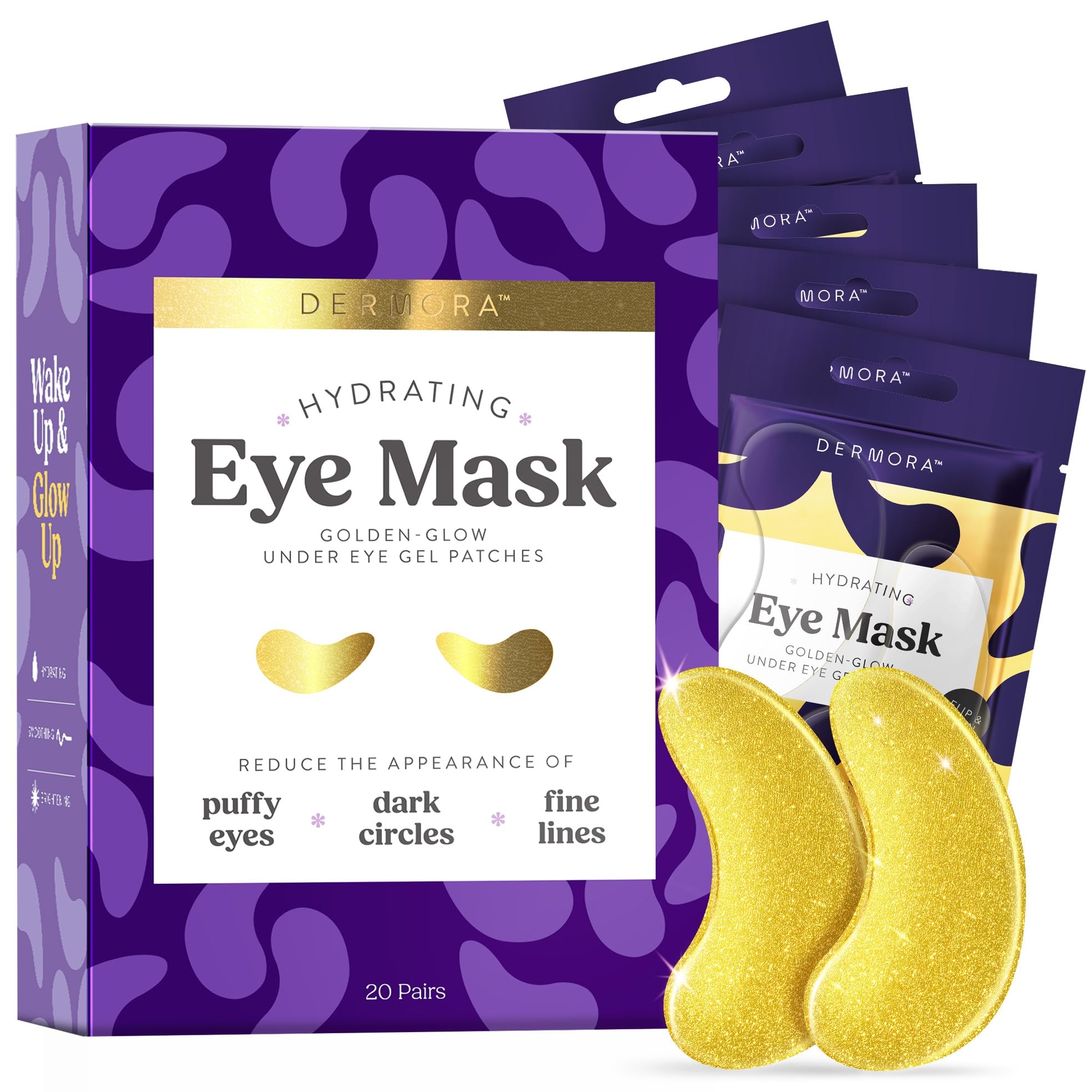 DERMORA Golden Glow Eye Patches packaging with 20 individually wrapped pairs for travel and gifting.