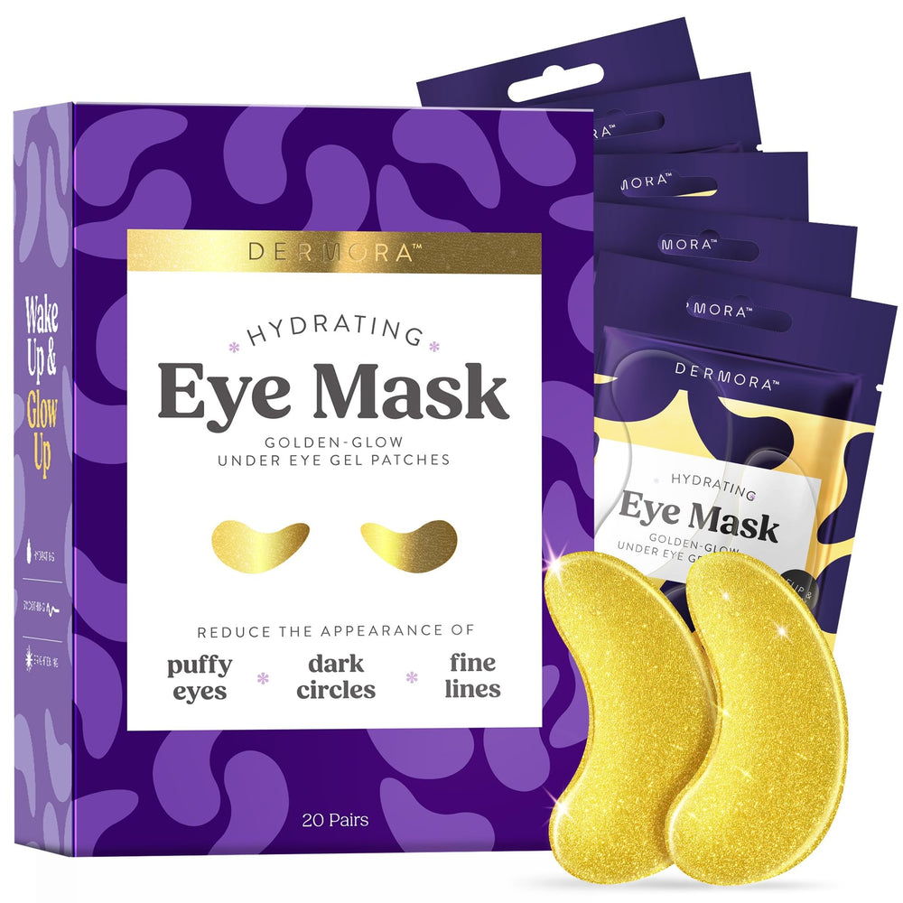 DERMORA Golden Glow Eye Patches packaging with 20 individually wrapped pairs for travel and gifting.