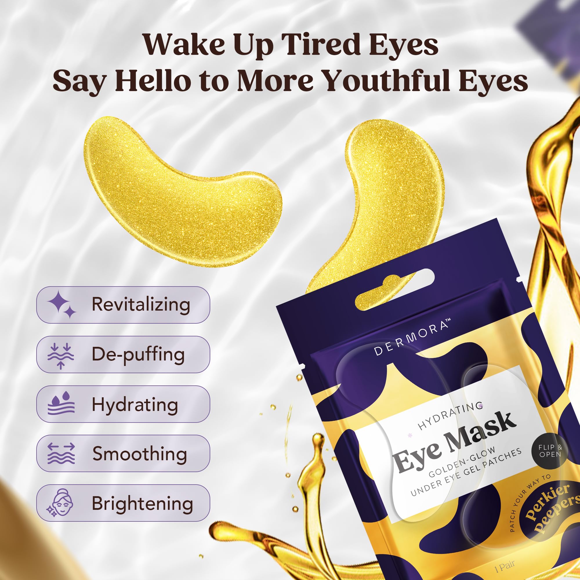 DERMORA Golden Glow eye patches travel pack for on-the-go skincare.