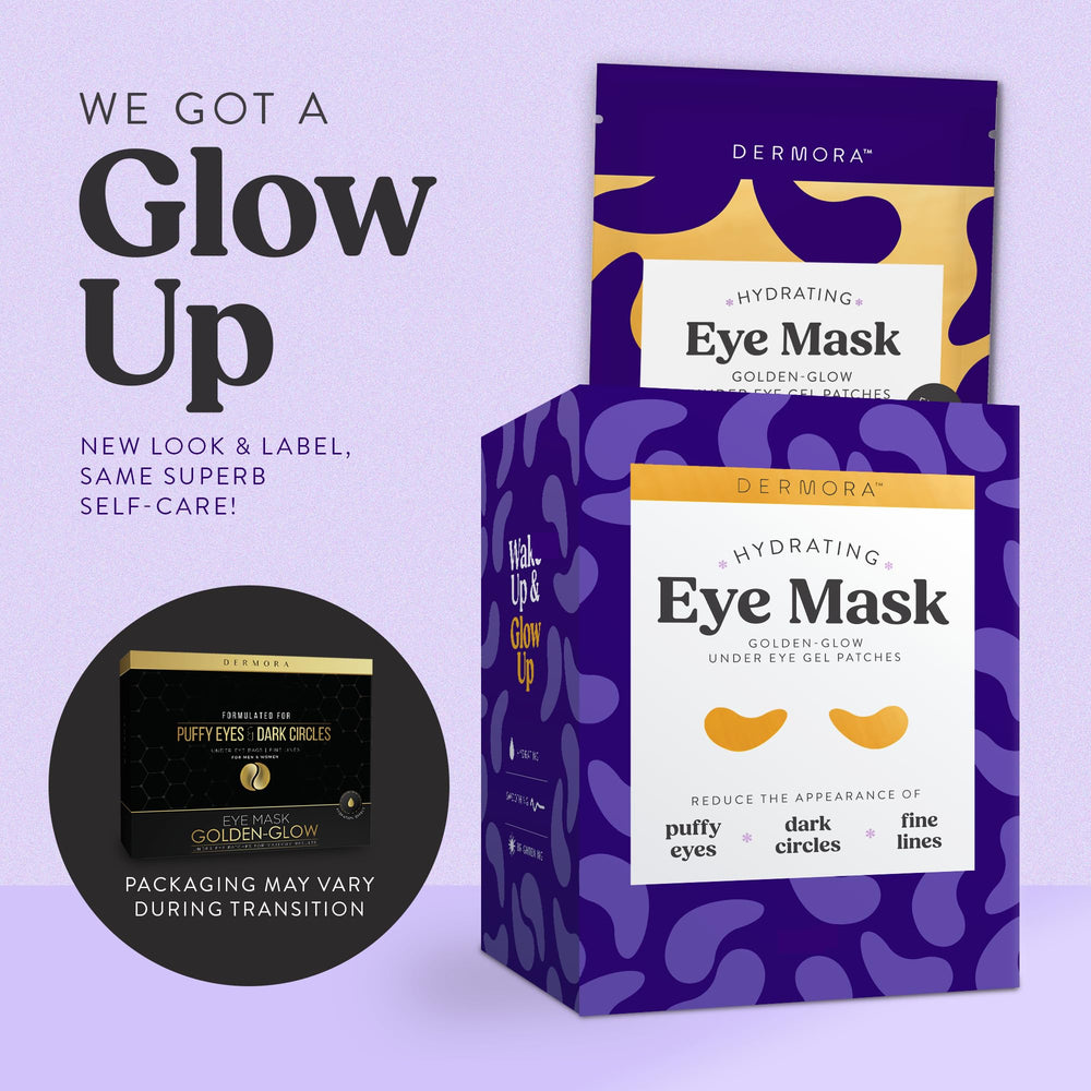DERMORA Golden Glow under-eye patches close-up showing soothing hydration.