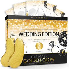 DERMORA wedding-themed eye mask packaging—20-pair set for long-lasting rejuvenation on the go.