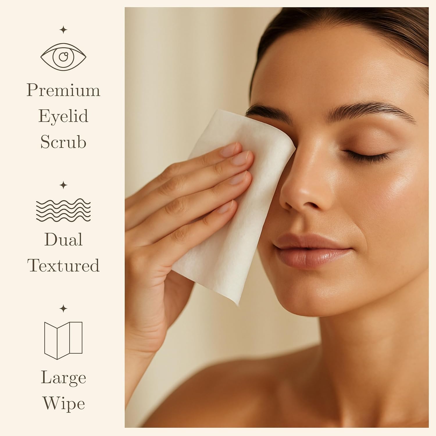 DERMORE closeup texture of a soft eyelid wipe for gentle cleansing.