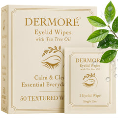 DERMORE Tea Tree Eyelid Wipes pack shown for daily hygiene convenience.