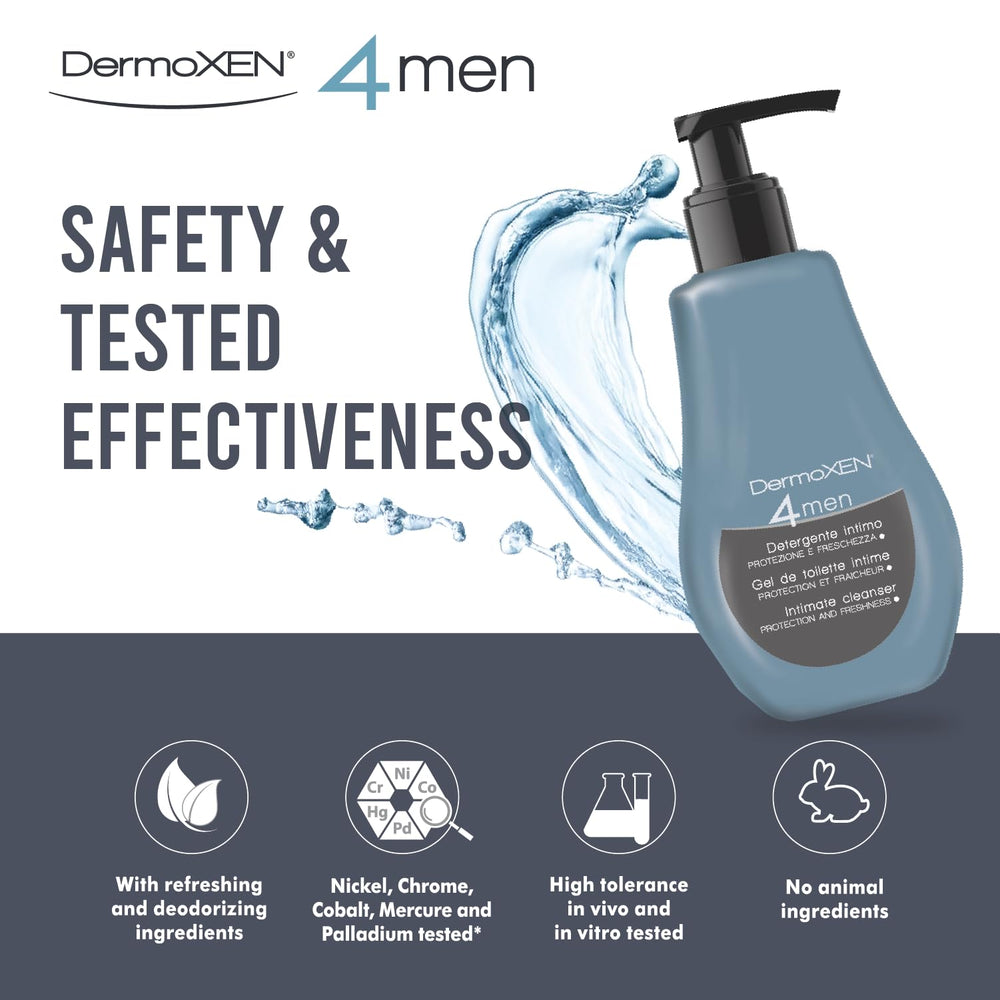 DERMOXEN 4Men dermatologically tested label signals safe, mild cleansing