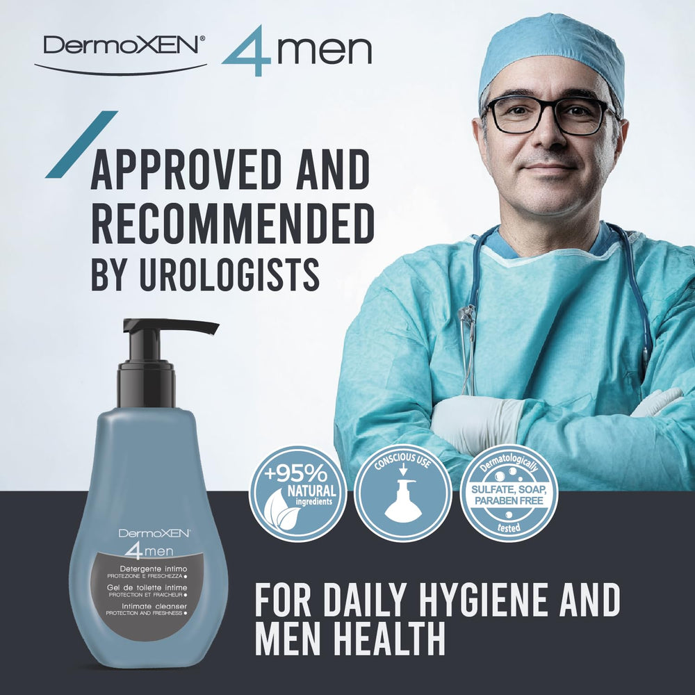 DERMOXEN 4Men bottle demonstrates groin hygiene application in daily routine
