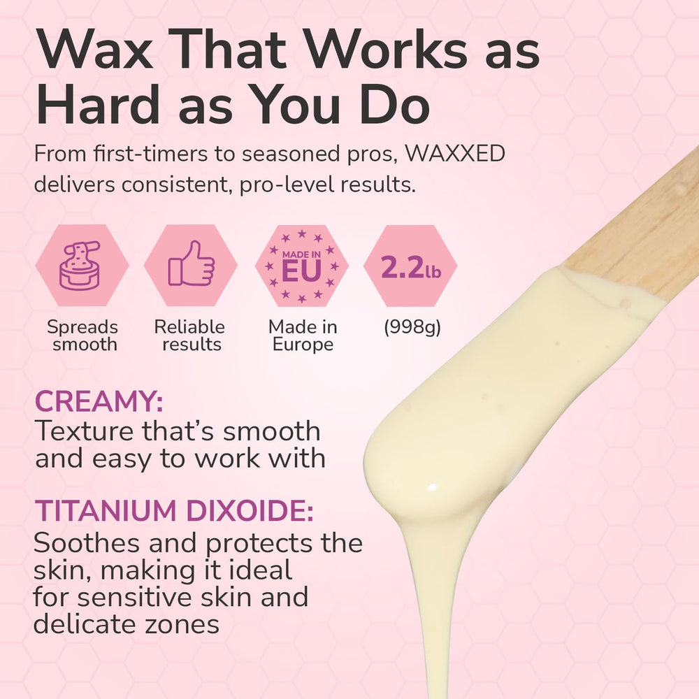 Dermwax WAXXED cream wax beads texture closeup highlights creamy glide for even coverage.