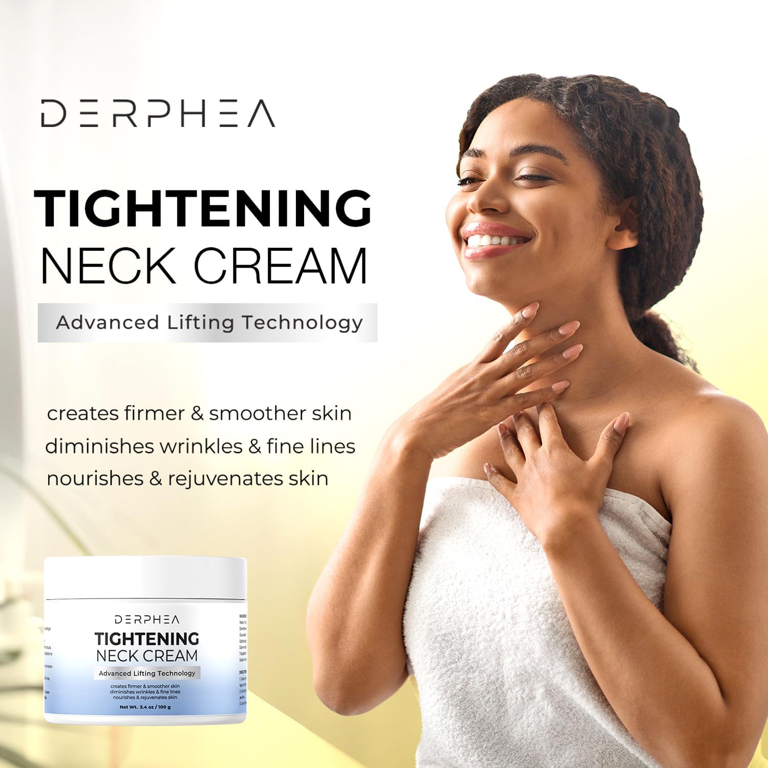 DERPHEA Neck Cream application spread illustrates smooth absorption and easy massage.