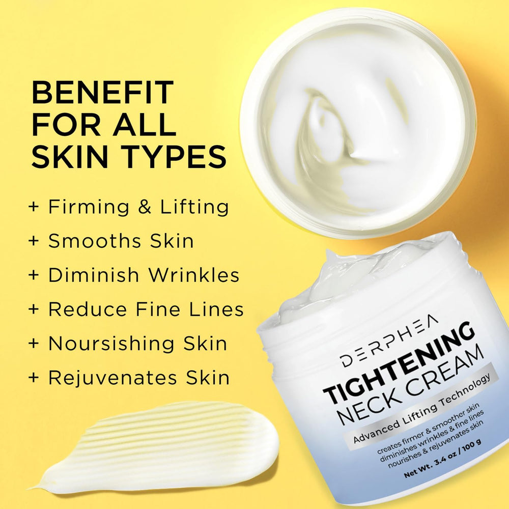 DERPHEA Neck Cream decollete area image highlights lifting and contouring potential.
