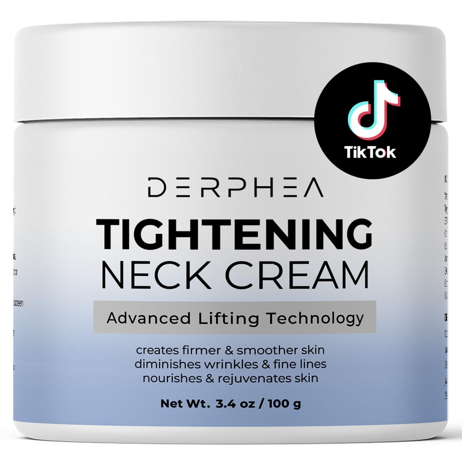 DERPHEA Neck Cream bottle close-up showing tightening action for firmer neck skin.