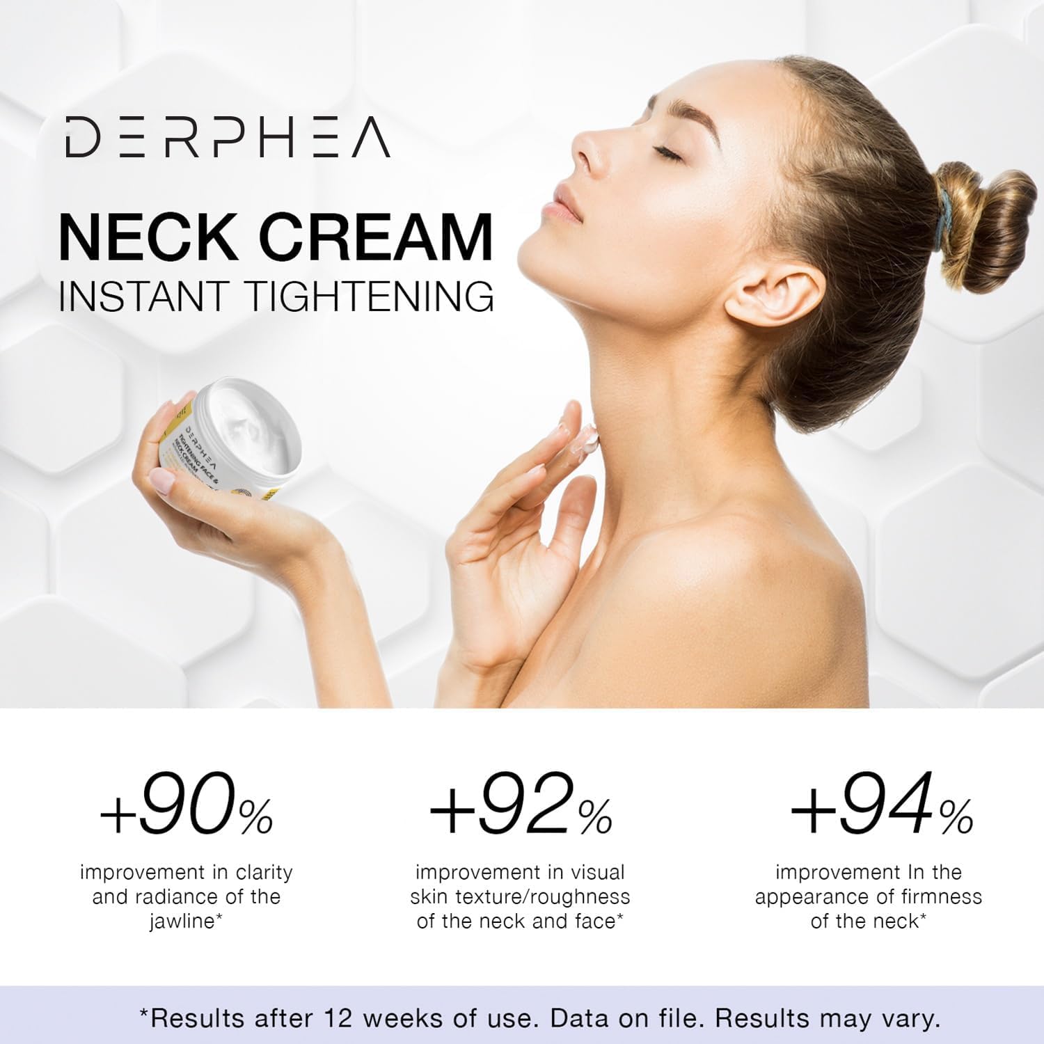 DERPHEA neck-tightening-cream for décolleté area illustrates hydrating, smoothing benefits.