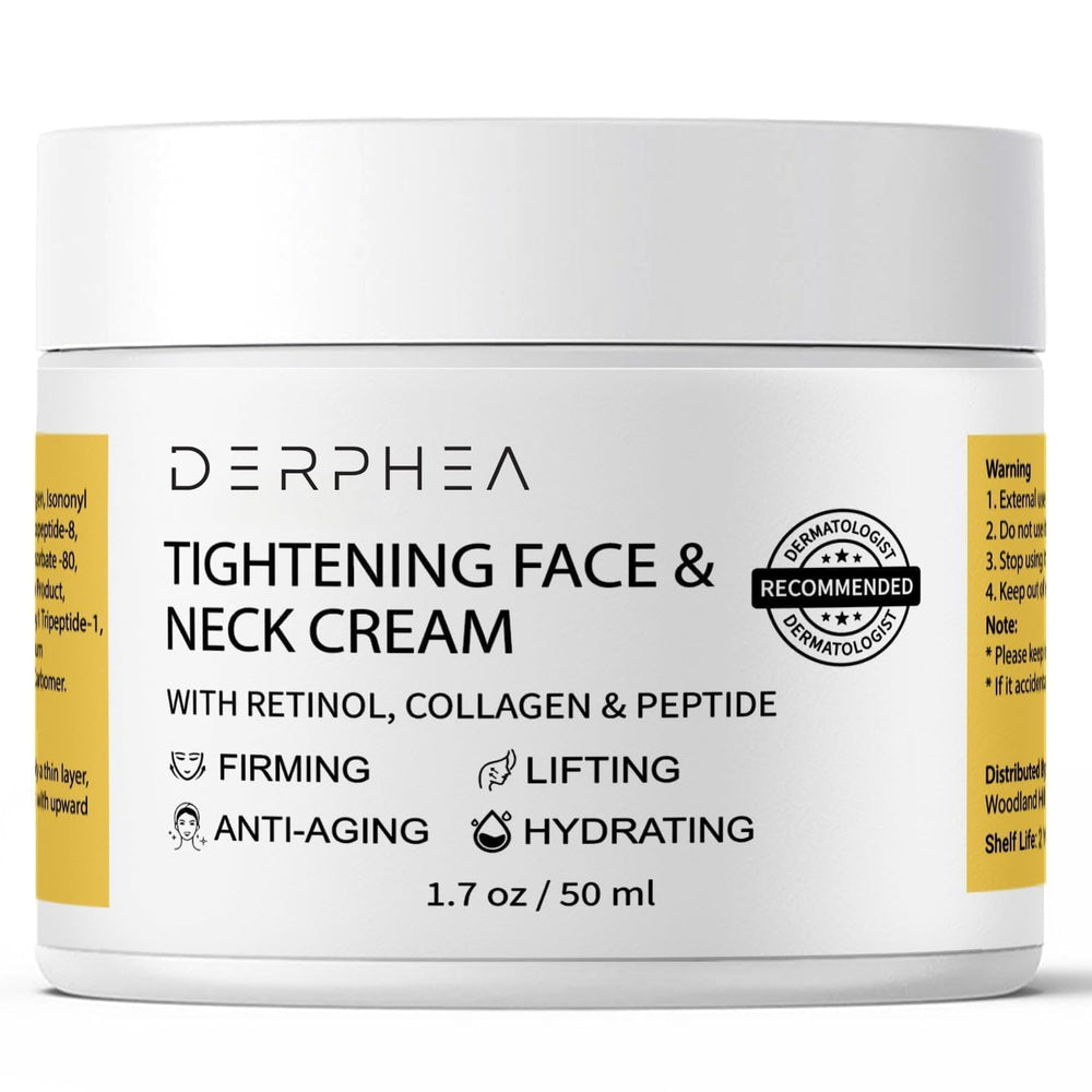 DERPHEA neck-tightening-cream jar closeup shows creamy texture for firmer neck skin.