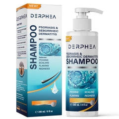 DERPHEA psoriasis shampoo bottle illustrating medicated scalp care benefits