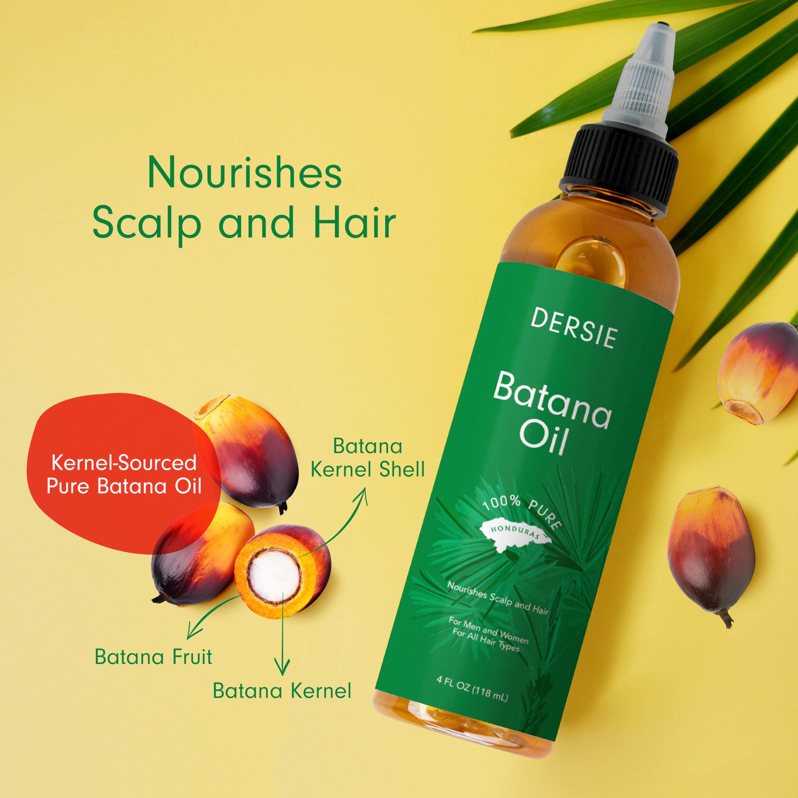 Dersie Batana Oil pour illustration demonstrating application for shine and softness.