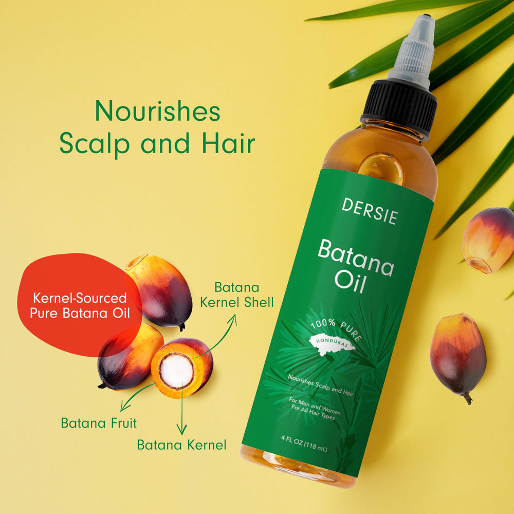 Dersie Batana Oil pour illustration demonstrating application for shine and softness.