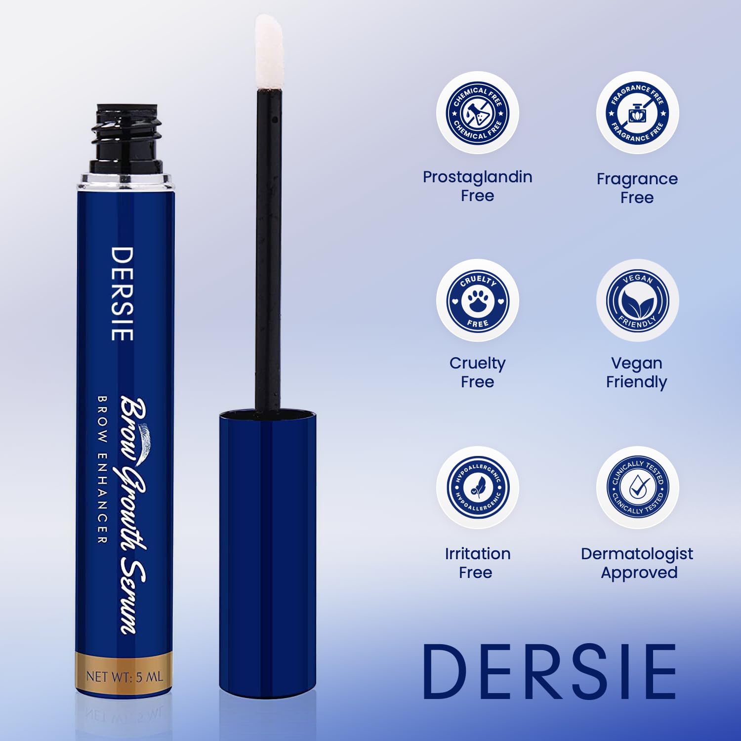 Dersie Eyebrow Growth Serum packaging flatlay highlights premium formula and value