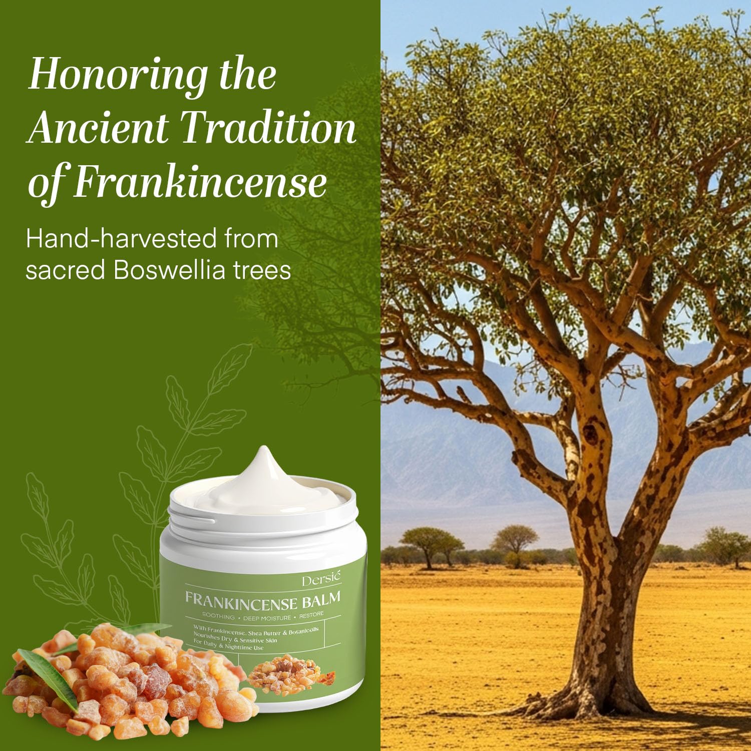 Dersie Frankincense Balm in a self-care ritual setup for calm functionality
