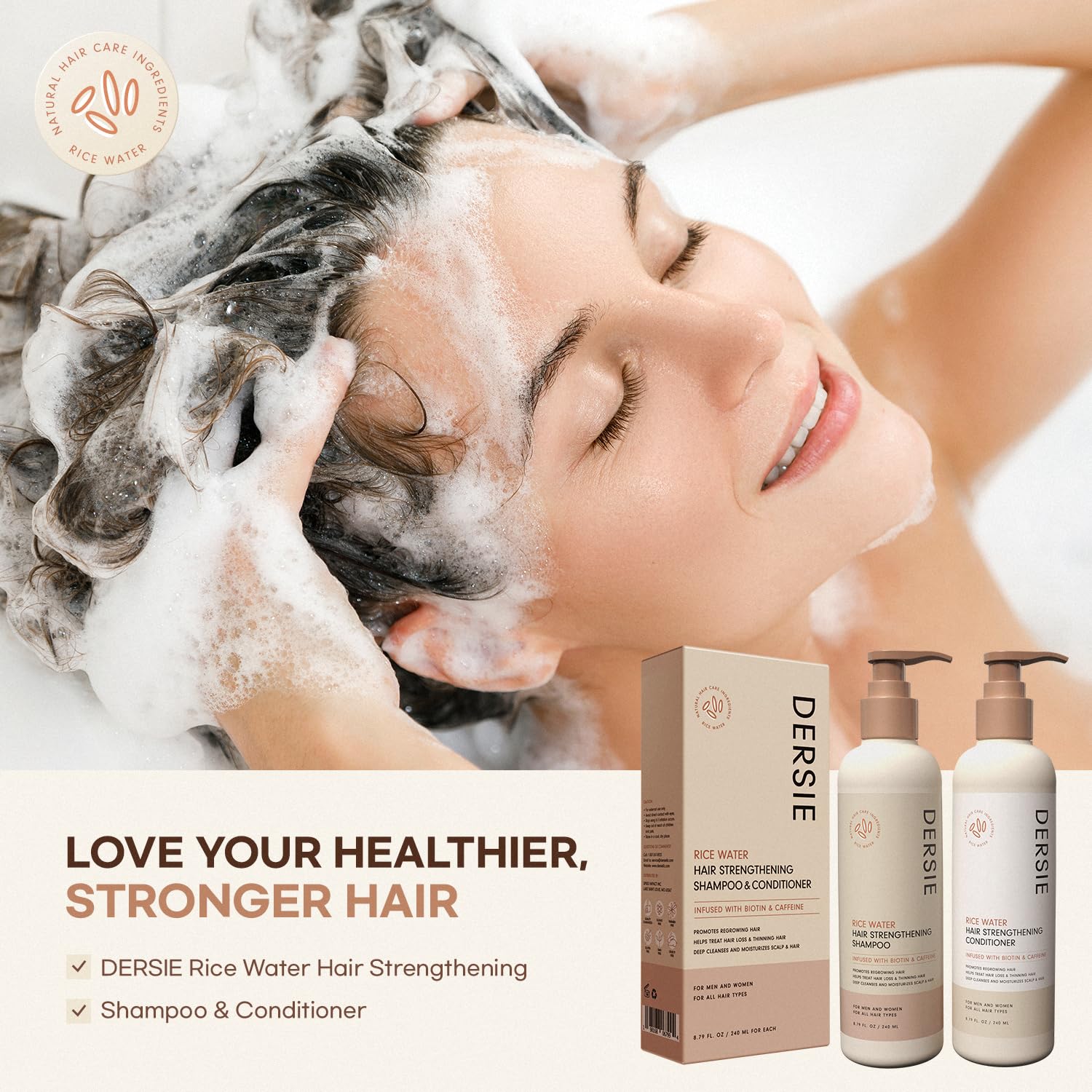 Dersie Rice Water hair before-after visuals illustrate fuller appearance and volume