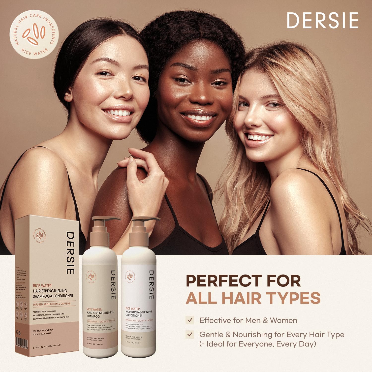 Dersie Rice Water ingredients bottle highlights biotin and caffeine infusion benefits