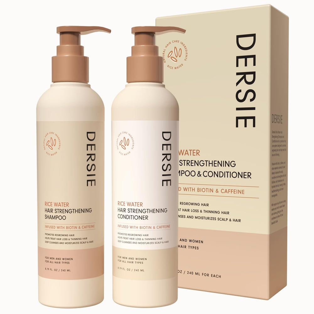 Dersie Rice Water Shampoo bottle emphasizes strengthening and volumizing care for hair
