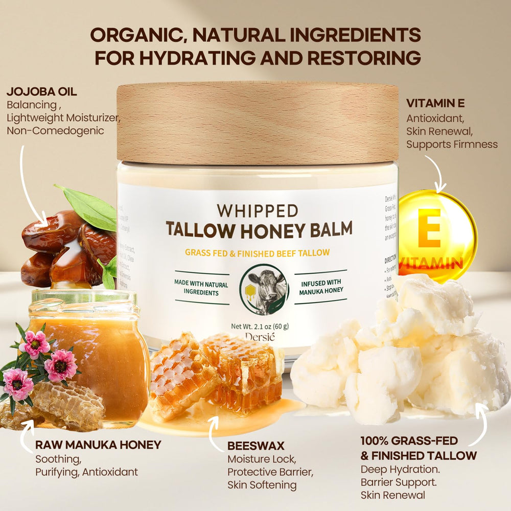 Dersie Tallow and Honey Balm face-application demonstrates gentle, subtle hydration.