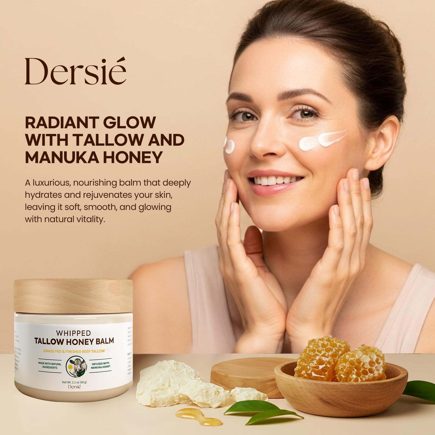 Dersie Tallow and Honey Balm with Manuka honey detail signals soothing moisture.