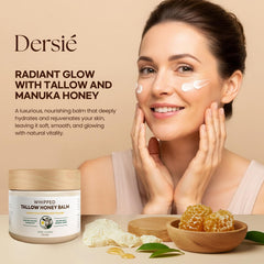 Dersie Tallow and Honey Balm with Manuka honey detail signals soothing moisture.