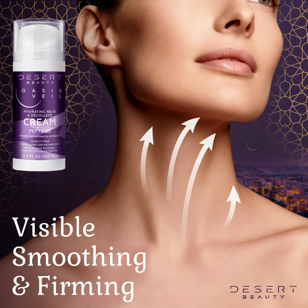 Desert Beauty neckfirming-cream-application close-up shows fast-absorbing formula.