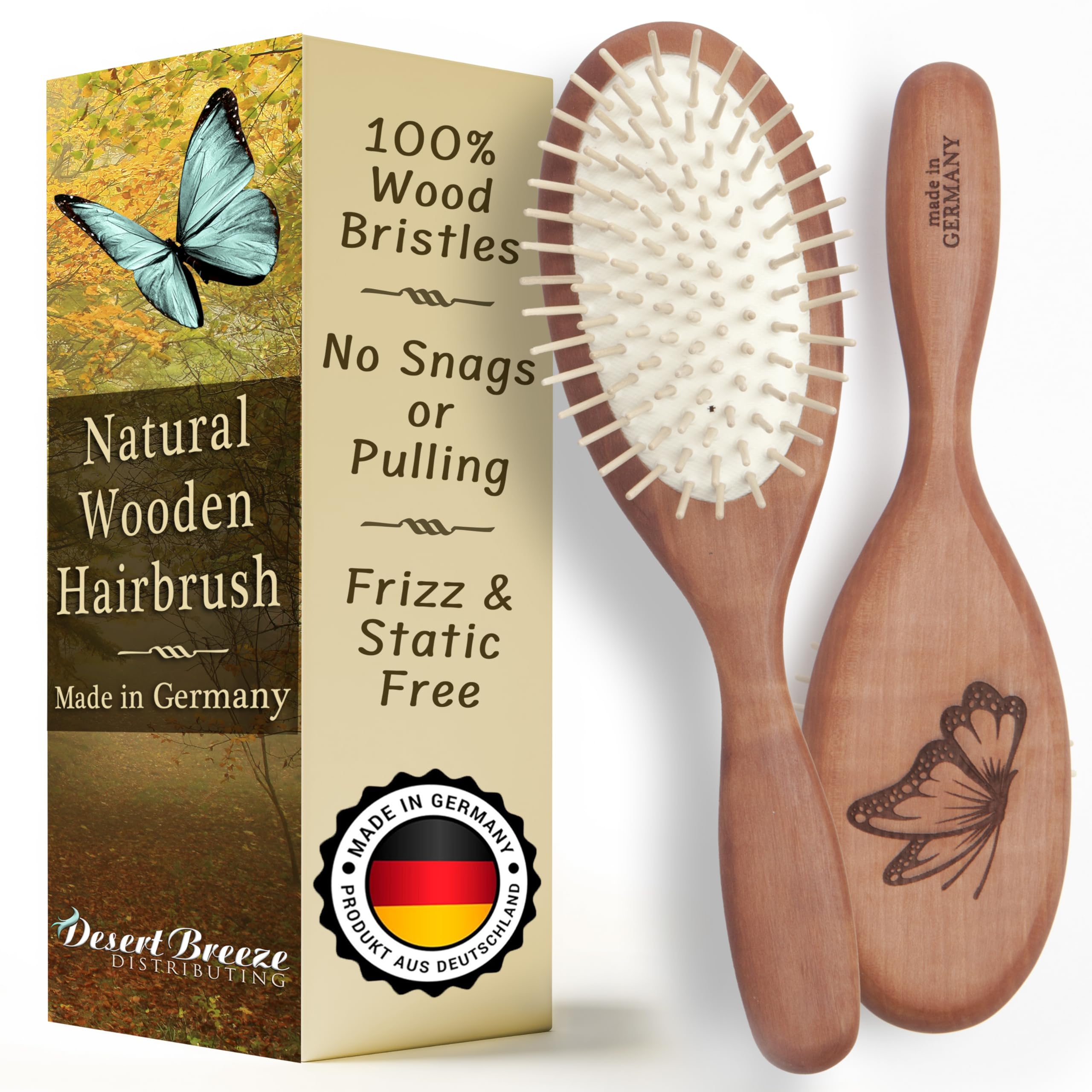 Desert Breeze natural wooden hair brush front view for smooth detangling on all hair types