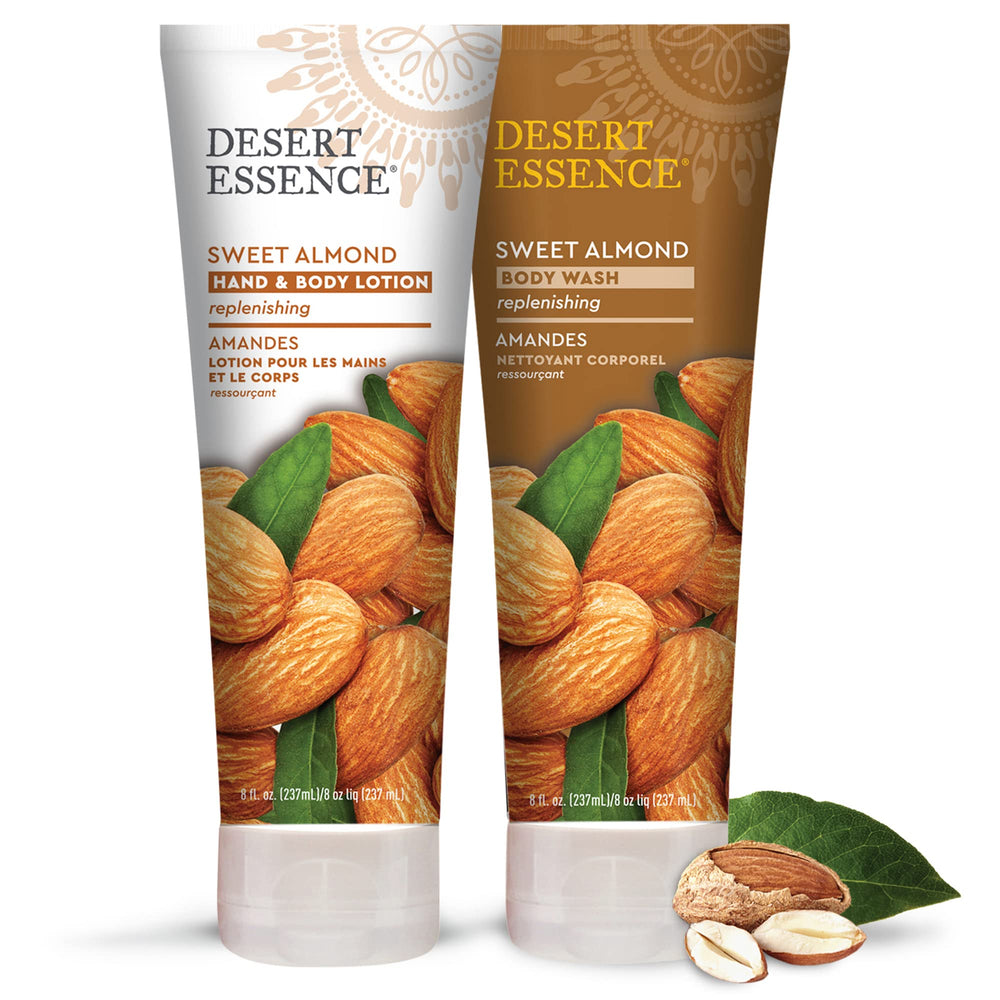 Desert Essence 8oz lotion packaging indicates travel-friendly daily use