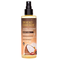 Desert Essence Body Oil Spray bottle front highlights 24-hour hydration for dry skin