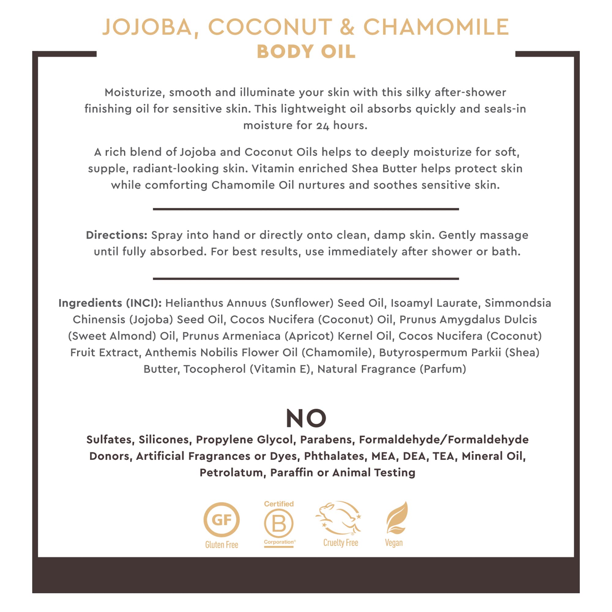 Desert Essence Body Oil Spray ingredients map highlights jojoba coconut chamomile for nourishing care