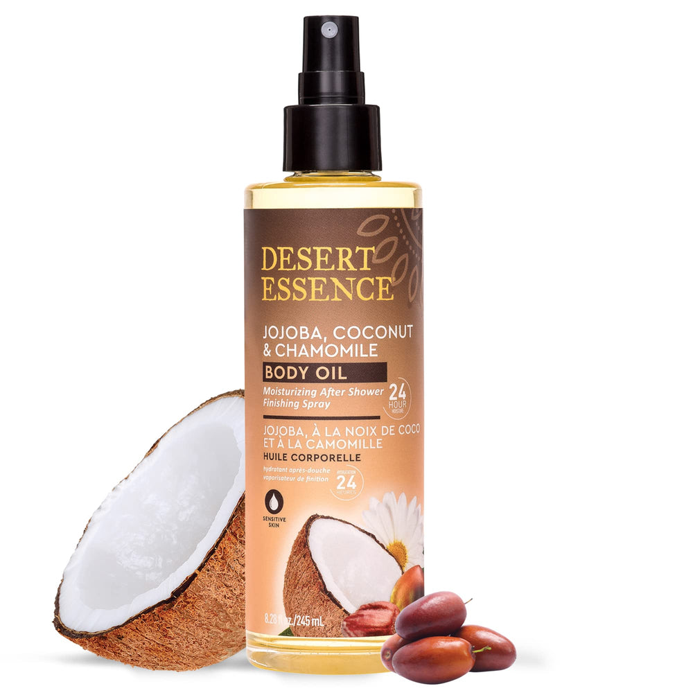 Desert Essence Body Oil Spray pump action shows easy, even application after shower routines
