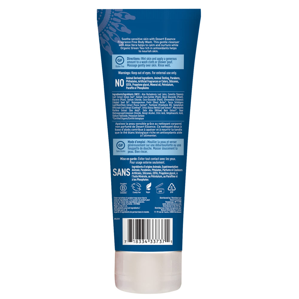 Desert Essence body wash with green tea and aloe for antioxidant hydration.
