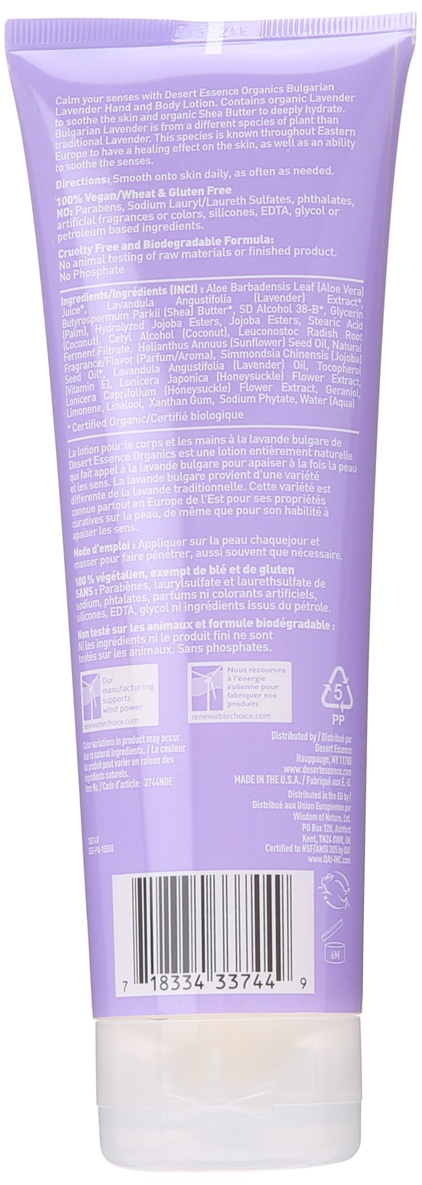 Desert Essence Bulgarian Lavender Hand and Body Lotion fragrance closeup highlights spa-like calm