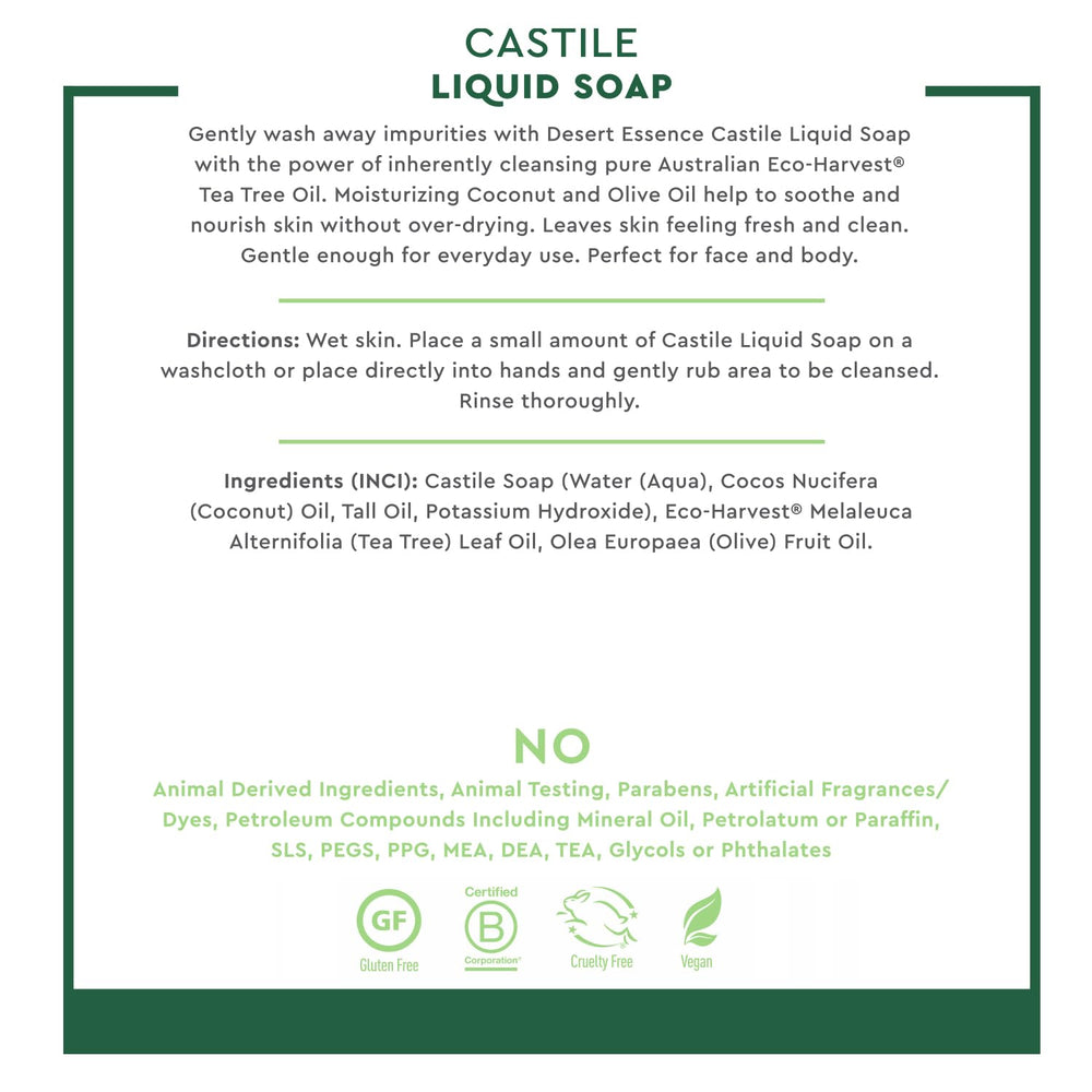 Desert Essence Castile soap label highlights olive oil and eco-friendly formula.