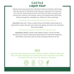 Desert Essence Castile soap label highlights olive oil and eco-friendly formula.