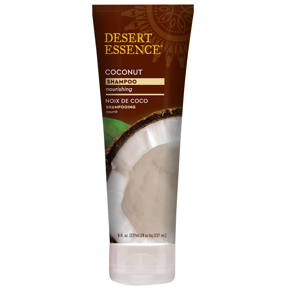 Desert Essence Coconut Shampoo label closeup highlights cruelty-free ingredients