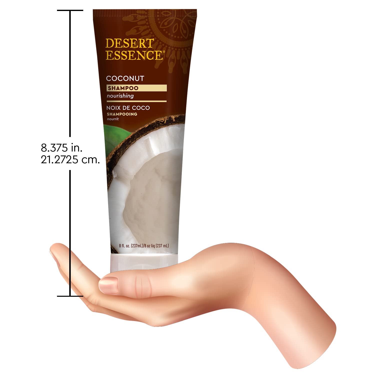 Desert Essence Coconut Shampoo packaging emphasizes sustainable design