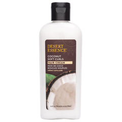 Desert Essence Coconut Soft Curls Hair Cream on defined curls with glossy, frizz-free look.