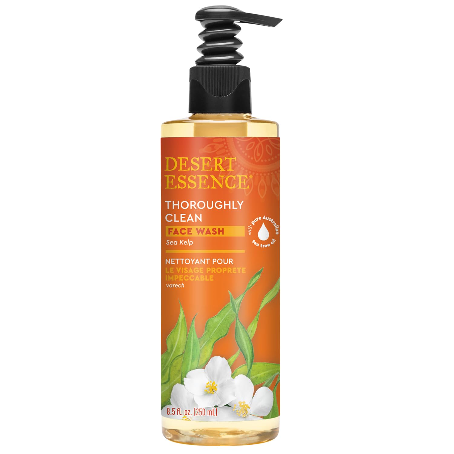 Desert Essence face wash 8.5oz packaging highlights value and daily-use routine