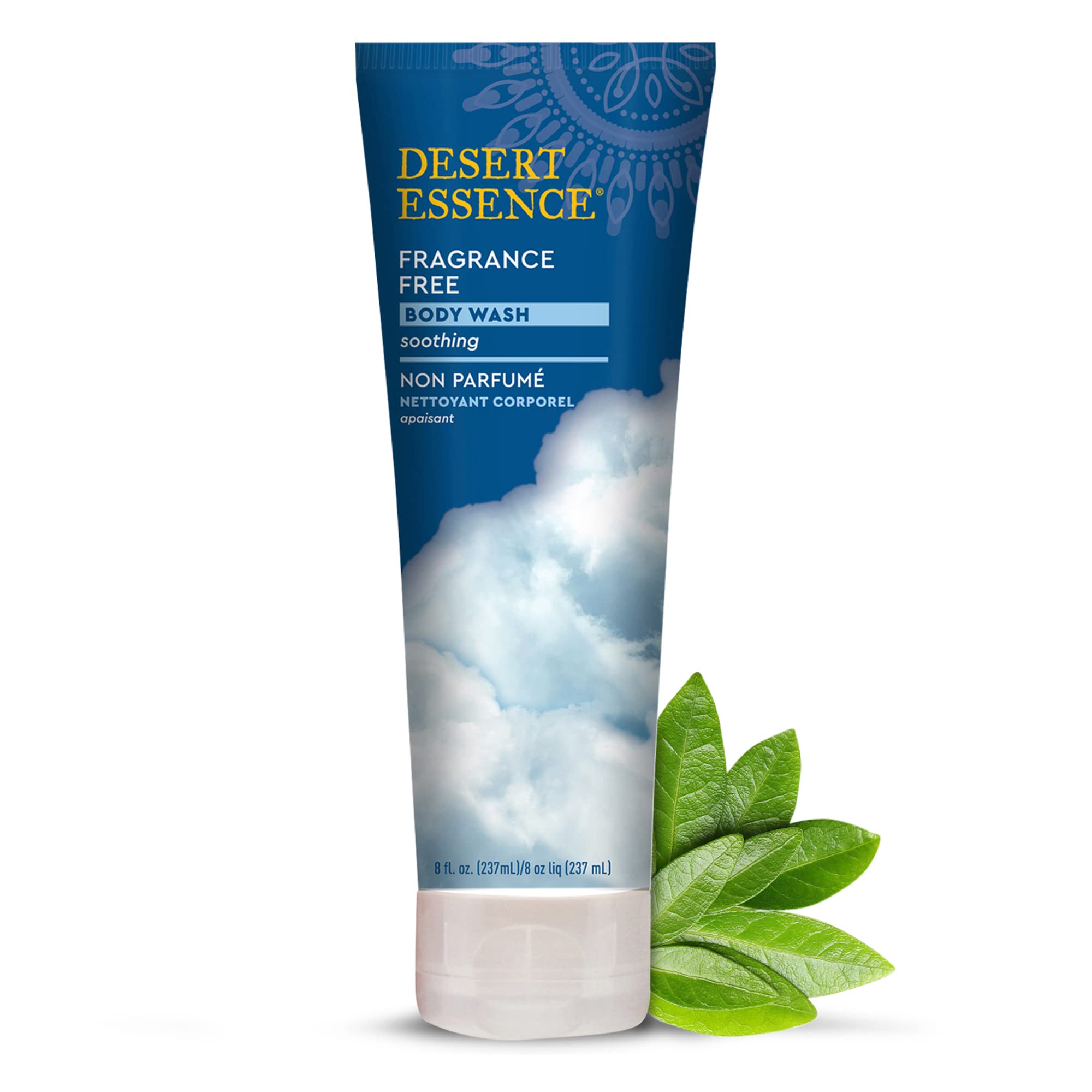 Desert Essence fragrance-free body wash pump close-up highlighting scent-free routine.