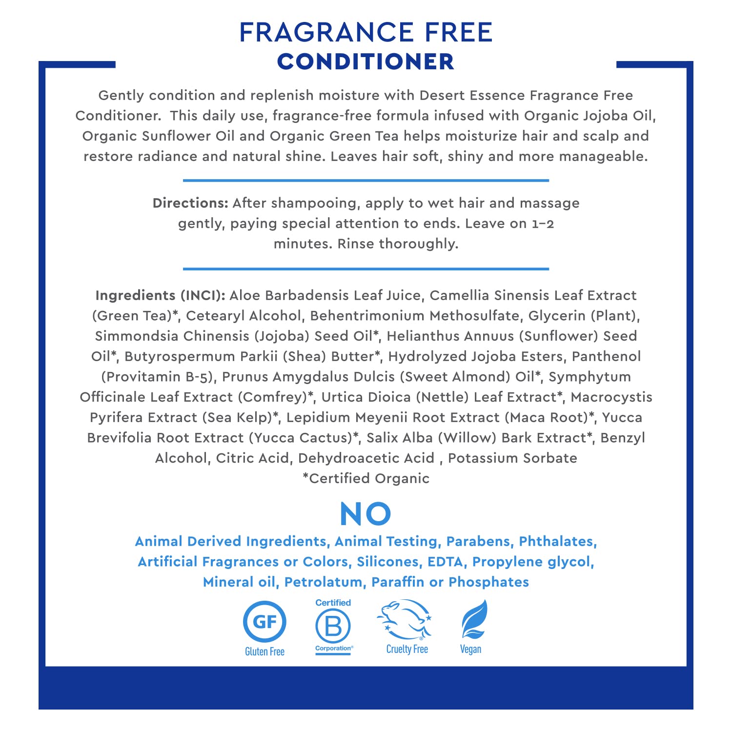 Desert Essence conditioner ingredients close-up with green tea, jojoba and sunflower oils nourishment