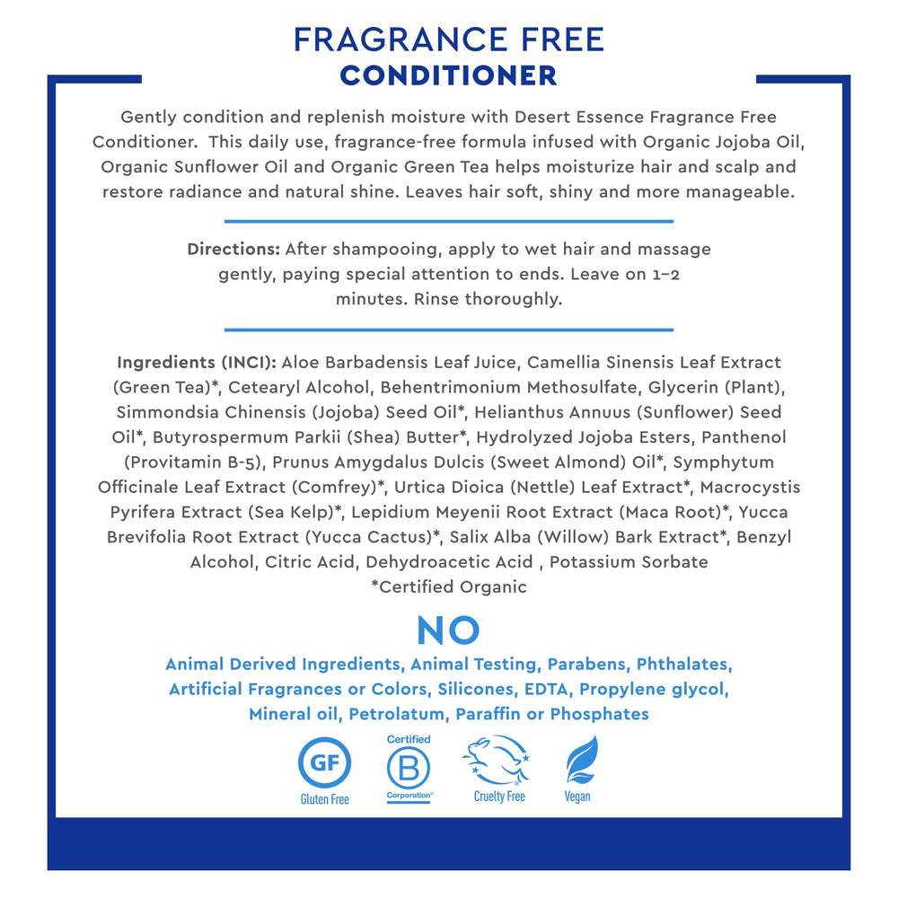 Desert Essence conditioner ingredients close-up with green tea, jojoba and sunflower oils nourishment