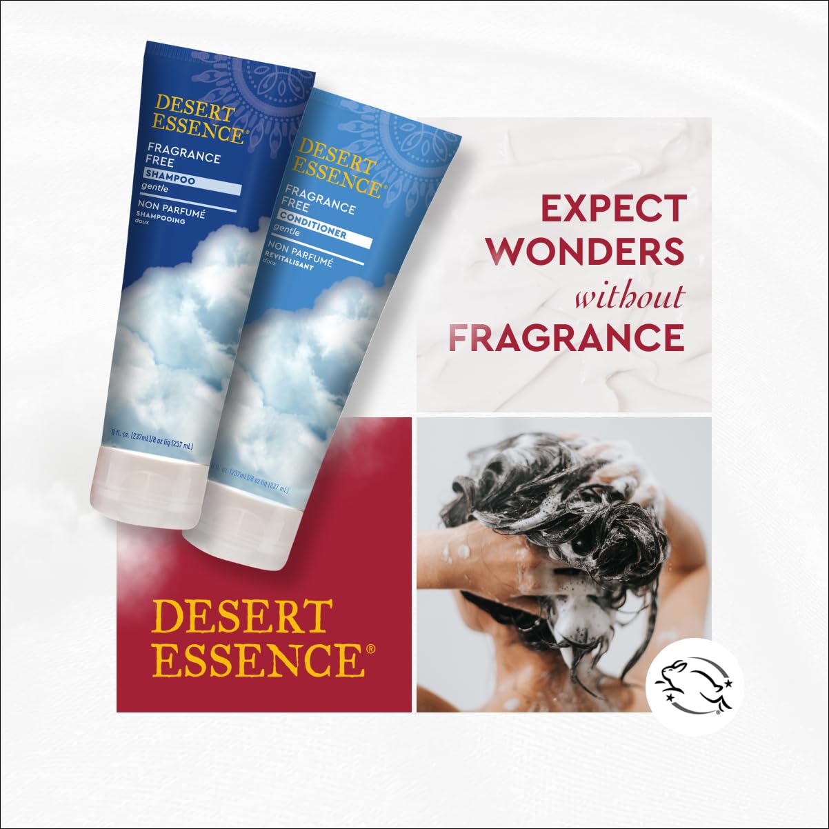 Desert Essence packaging in bathroom scene emphasizes eco-friendly cruelty-free appeal