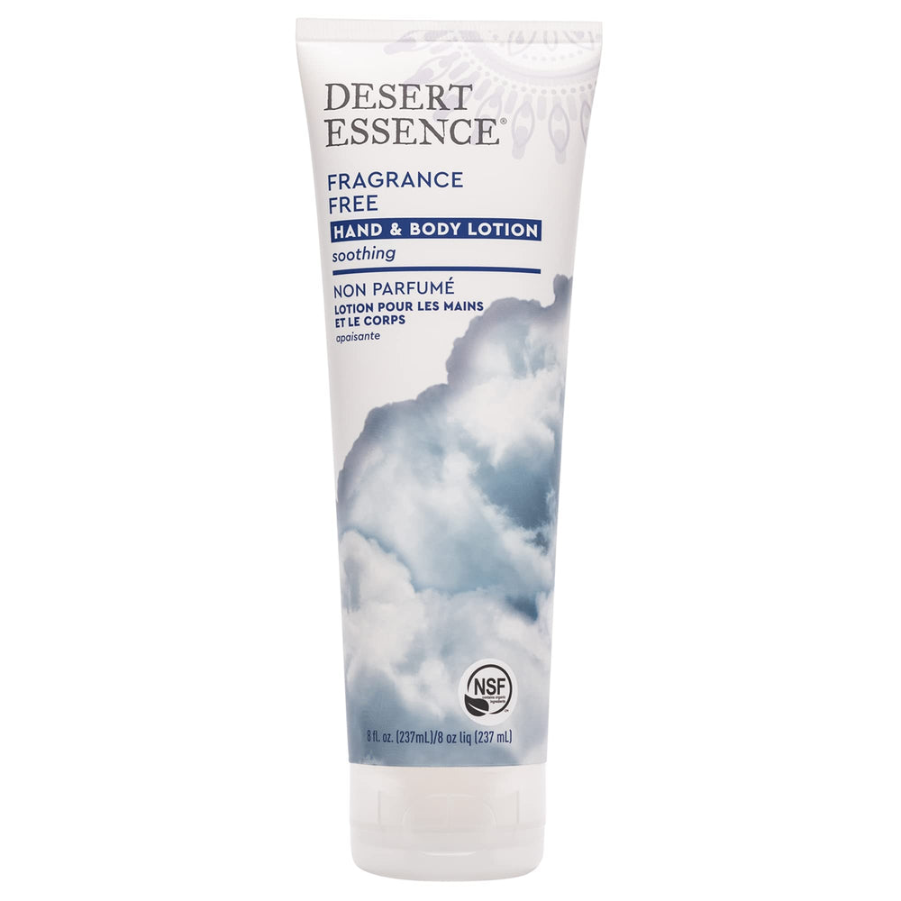 Desert Essence fragrance free lotion bottle delivers fragrance-free hydration for sensitive skin.