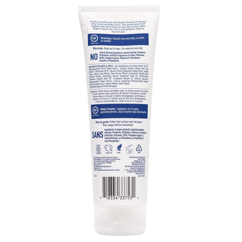 Green tea extract in Desert Essence fragrance-free lotion provides antioxidant-rich care.