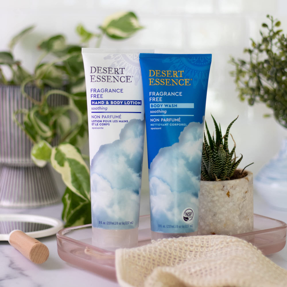 Desert Essence fragrance-free lotion proudly made in the USA with vegan formula.