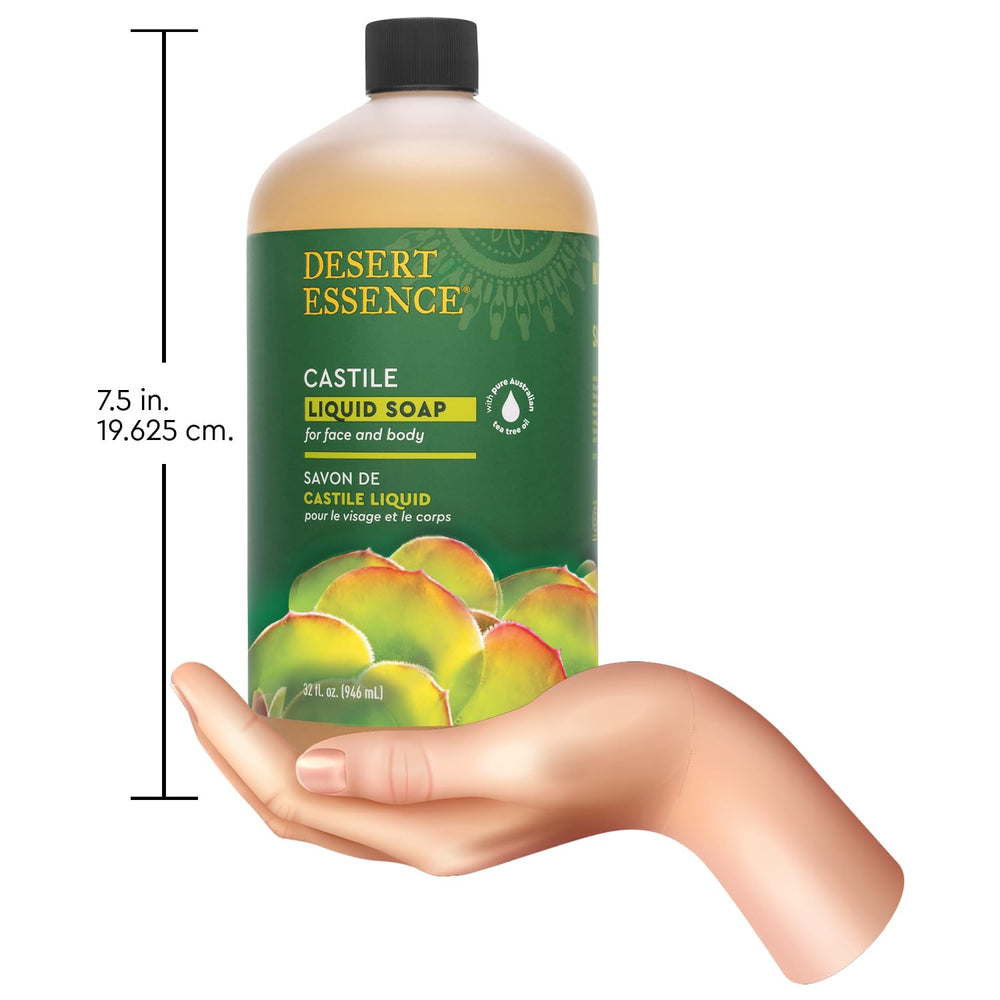 Hands washing with Desert Essence Castile soap demonstrating mild, everyday cleansing.